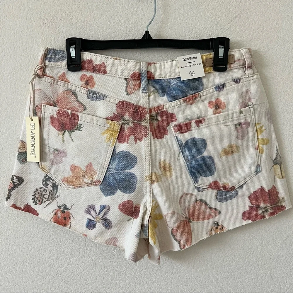 NWT BLANKNYC The Barrow Floral Butterfly Denim Shorts High Rise Raw Hem 29